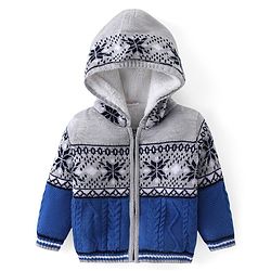 Babyhug Knitted Full Sleeves Front Open Hooded Floral Design Sweater - Grey & Blue