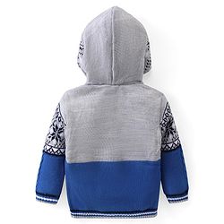 Babyhug Knitted Full Sleeves Front Open Hooded Floral Design Sweater - Grey & Blue