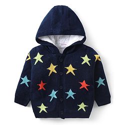 Babyhug Knitted Full Sleeves Front Open Hooded Star Design Sweater - Navy Blue