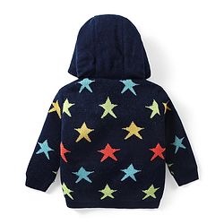 Babyhug Knitted Full Sleeves Front Open Hooded Star Design Sweater - Navy Blue