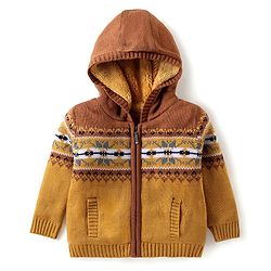 Babyhug Knitted Full Sleeves Hooded Sweater with Winter Carnival Theme Print & Pockets Detailing - Mustard