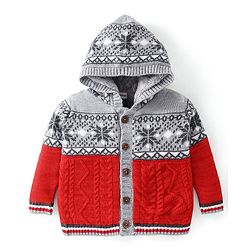 Babyhug Knitted Full Sleeves Front Open Hooded Sweater with Cable Knit Design- Grey & Orange