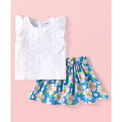 Babyhug 100% Cotton Knit Schiffili Frill Sleeves Top & Skirt With Floral Print - White & Blue