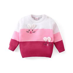 Babyhug Knitted Full Sleeves Sweater Kitty Design - Red Pink & White