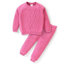 Babyhug Knitted Raglan Sleeves Sweater Set Cable Knit Design Design - Pink