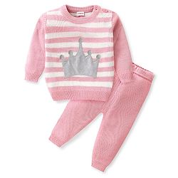 Babyhug Knitted Full Sleeves Sweater Set Stripes & Crown Patch - Pink & White