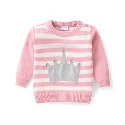 Babyhug Knitted Full Sleeves Sweater Set Stripes & Crown Patch - Pink & White