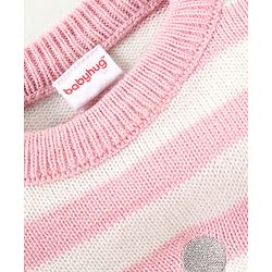 Babyhug Knitted Full Sleeves Sweater Set Stripes & Crown Patch - Pink & White