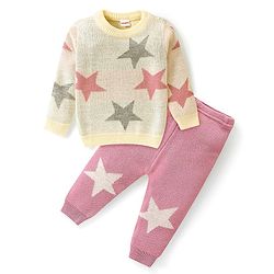 Babyhug Knitted Full Sleeves Baby Sweater Set with Star Design - Pink & White