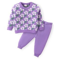 Babyhug Knitted Full Sleeves Baby Sweater Set with Floral Design - Lavender