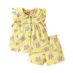 Babyhug Cotton Knit Frill Sleeves Night Suit With Floral Print - Yellow