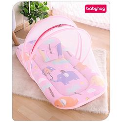 Babyhug Cotton Mattress Set with Mosquito Net Elephant Print - Pink