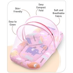 Babyhug Cotton Mattress Set with Mosquito Net Elephant Print - Pink