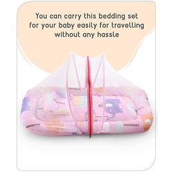 Babyhug Cotton Mattress Set with Mosquito Net Elephant Print - Pink