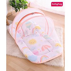 Babyhug Cotton Mattress Set with Mosquito Net Elephant Print - Pink