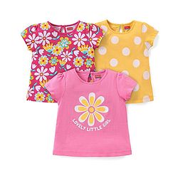 Babyhug Cotton Knit Half Sleeves Top Floral Graphics Pack Of 3 - Pink & Yellow