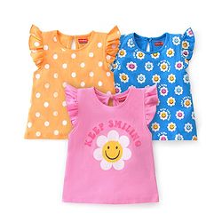 Babyhug Cotton Frill Sleeves Tops With Floral Smiley & Polka Dots Print Pack of 3 - Multicolor