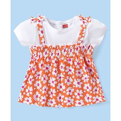 Babyhug Cotton Knit Half  Sleeves Overlap Top with Floral Print & Bow Detailing - White