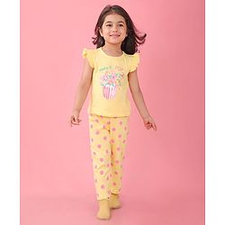 Babyhug Cotton Knit Frill Sleeves Floral Printed Night Suit - Yellow