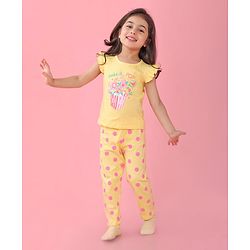 Babyhug Cotton Knit Frill Sleeves Floral Printed Night Suit - Yellow