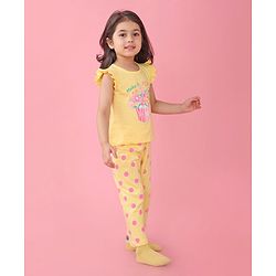 Babyhug Cotton Knit Frill Sleeves Floral Printed Night Suit - Yellow