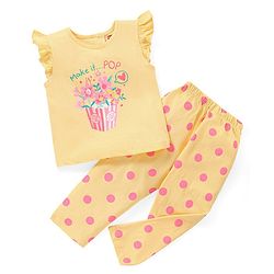Babyhug Cotton Knit Frill Sleeves Floral Printed Night Suit - Yellow