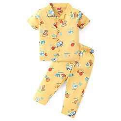 Babyhug Single Jersey Knit Half Sleeves Night Suit with Car & Dino Print - Yellow