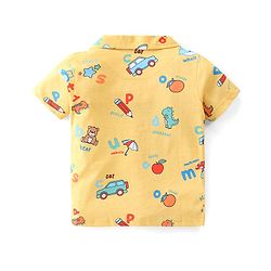 Babyhug Single Jersey Knit Half Sleeves Night Suit with Car & Dino Print - Yellow