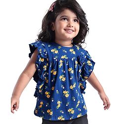 Babyhug Cotton Knit Half Sleeves Top With Floral Print and Frills Detailing - Blue