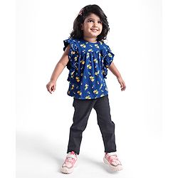 Babyhug Cotton Knit Half Sleeves Top With Floral Print and Frills Detailing - Blue