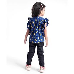 Babyhug Cotton Knit Half Sleeves Top With Floral Print and Frills Detailing - Blue