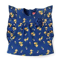 Babyhug Cotton Knit Half Sleeves Top With Floral Print and Frills Detailing - Blue