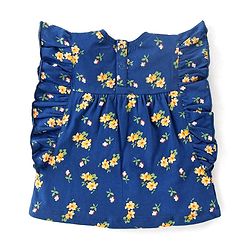 Babyhug Cotton Knit Half Sleeves Top With Floral Print and Frills Detailing - Blue