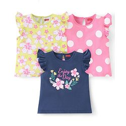 Babyhug Cotton A-Line Frill Sleeves Tops With Floral Graphics & Polka Dot Print Pack of 3 - Navy Pink & Yellow
