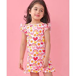 Babyhug Cotton Knit Sleeveless Nighty Heart and Sun Print - Multicolour