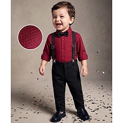 Babyhug Full Sleeves Party Wear Dobby Shirt & Trousers Set with Bow & Suspender - Maroon