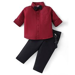Babyhug Full Sleeves Party Wear Dobby Shirt & Trousers Set with Bow & Suspender - Maroon