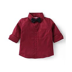 Babyhug Full Sleeves Party Wear Dobby Shirt & Trousers Set with Bow & Suspender - Maroon