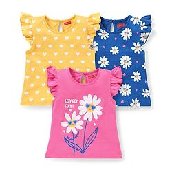 Babyhug Cotton Frill Sleeves Tops With Hearts Graphics Pack of 3 - Multicolor
