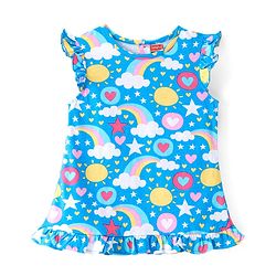 Babyhug Single Jersey Knit Frill Sleeves Nighty with Rainbow & Star Print - Blue