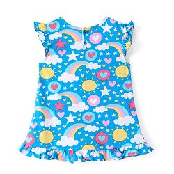 Babyhug Single Jersey Knit Frill Sleeves Nighty with Rainbow & Star Print - Blue