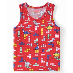 Babyhug 100% Cotton Knit Sleeveless Sando Dino Print - Red