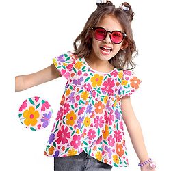 Babyhug Cotton Knit Cap Sleeves Top with Floral Print  - White
