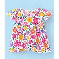 Babyhug Cotton Knit Cap Sleeves Top with Floral Print  - White
