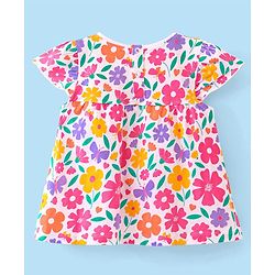 Babyhug Cotton Knit Cap Sleeves Top with Floral Print  - White