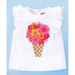 Babyhug Cotton Knit Frill Sleeves Floral Bouquet Printed Top with Frill Detailing - White