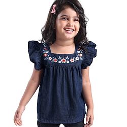 Babyhug Cotton Woven Half Sleeves Top with Floral Embroidery - Navy
