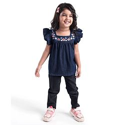 Babyhug Cotton Woven Half Sleeves Top with Floral Embroidery - Navy