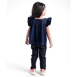 Babyhug Cotton Woven Half Sleeves Top with Floral Embroidery - Navy