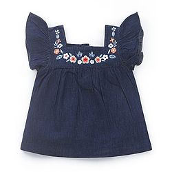 Babyhug Cotton Woven Half Sleeves Top with Floral Embroidery - Navy